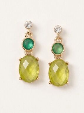 Vintage Gold Tiered Drop Earrings Green & Chartreuse Faux Stone 1” Dangle Boho